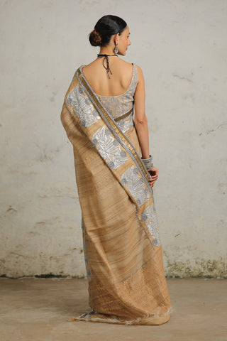 Saksham & Neharicka-Mahalaya Beige Sari And Unstitched Blouse-INDIASPOPUP.COM