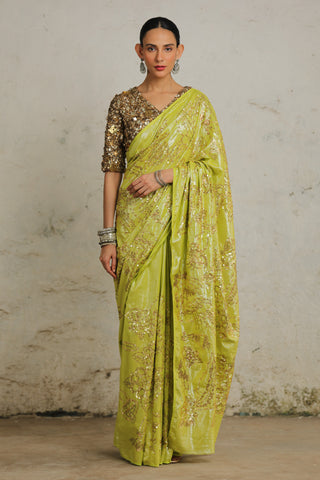 Saksham & Neharicka-Lebu Green Sari And Unstitched Blouse-INDIASPOPUP.COM