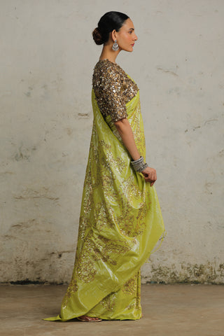 Saksham & Neharicka-Lebu Green Sari And Unstitched Blouse-INDIASPOPUP.COM