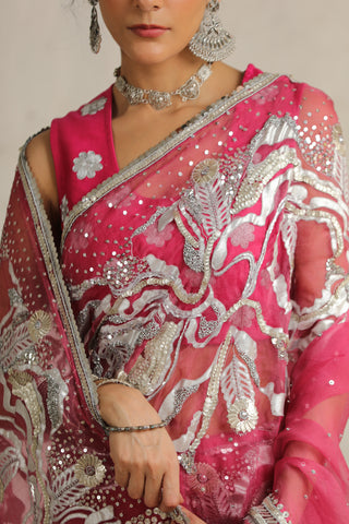 Saksham & Neharicka-Pink Cosmos Sari Set-INDIASPOPUP.COM