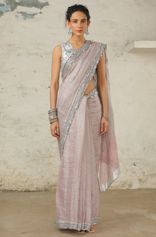 Pink zari sari and unstitched blouse
