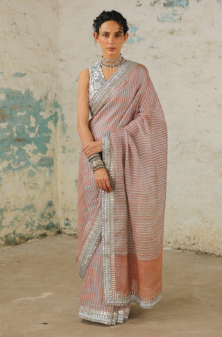 Coral zari sari and unstitched blouse