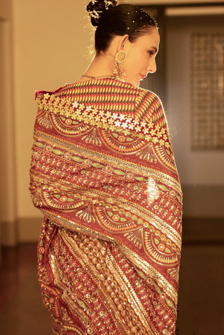 Berry red printed and embroidered sari and blouse