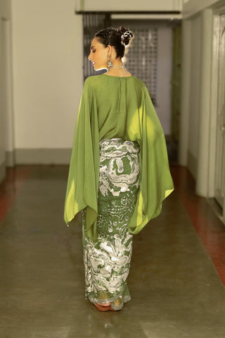 Olive green embroidered sari and blouse