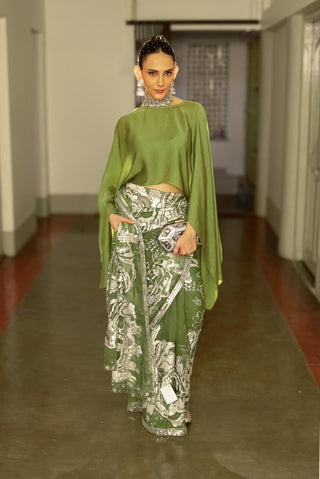 Olive Green Embroidered Sari And Blouse by Saksham & Neharicka available on Indiaspopup