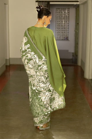 Olive Green Embroidered Sari And Blouse by Saksham & Neharicka available on Indiaspopup