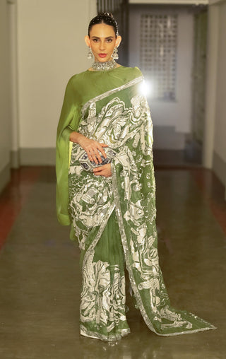 Olive Green Embroidered Sari And Blouse by Saksham & Neharicka available on Indiaspopup