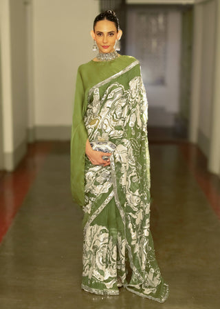 Olive green embroidered sari and blouse