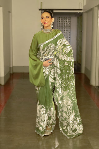 Olive Green Embroidered Sari And Blouse by Saksham & Neharicka available on Indiaspopup