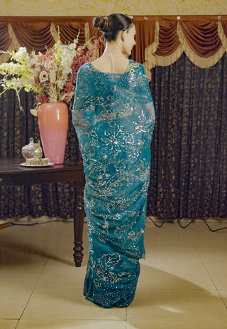 Moonray teal embroidered sari and blouse