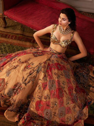 Suha Nude Multicolor Embroidered Lehenga Set by Mahima Mahajan, available on Indiaspopup.com