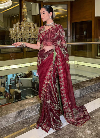 Noor Red Draped Sari And Blouse by Mahima Mahajan, available on Indiaspopup.com