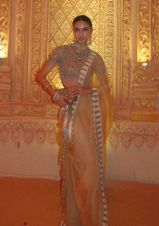 Kahani butter yellow jadau organza sari and blouse