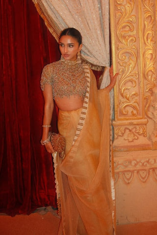 Kahani butter yellow jadau organza sari and blouse