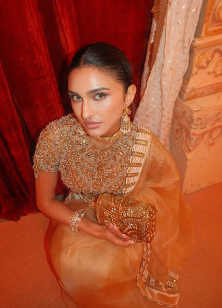 Kahani butter yellow jadau organza sari and blouse