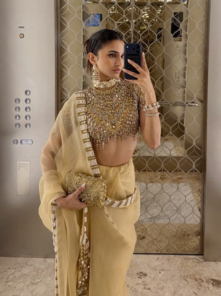 Kahani butter yellow jadau organza sari and blouse