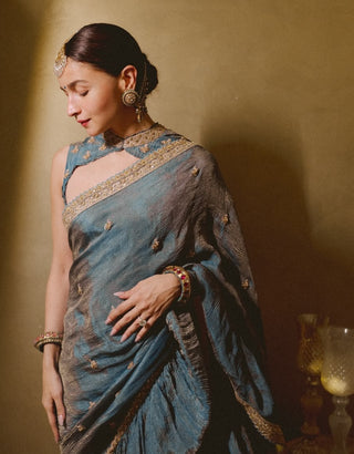 Mist blue banarsi tissue silk sari with blouse