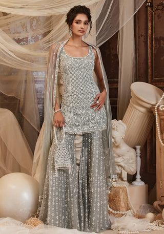 Zaniah Ash Blue Sharara Set by Roqa, available on Indiaspopup.com