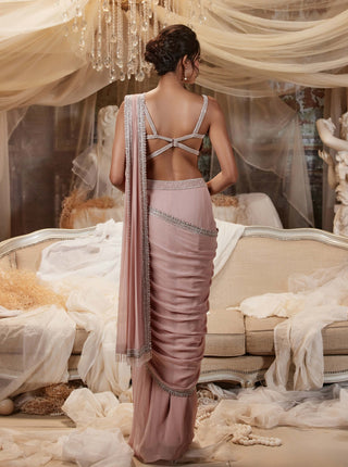 Zareena Bubble Pink Drape Sari And Blouse by Roqa, available on Indiaspopup.com