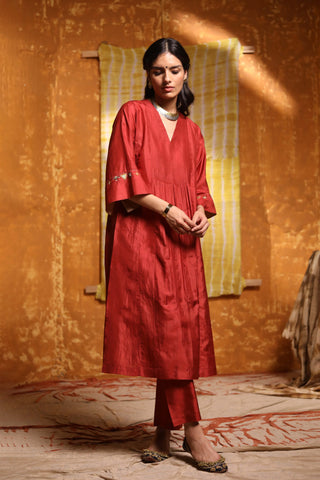 Shivani Bhargava-Maroon Handloom Silk Pintuck Choga Set-INDIASPOPUP.COM