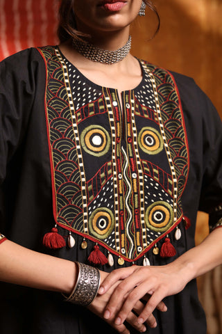 Shivani Bhargava-Black Tribal Embroidery Cape Tunic And Salwar-INDIASPOPUP.COM