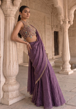 Draksh rani purple pre-draped sari with blouse