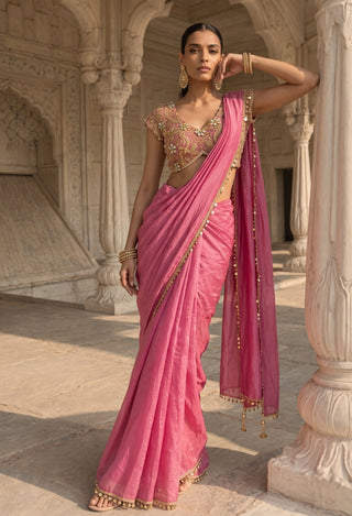 Rani kalash pink pre-draped sari with blouse
