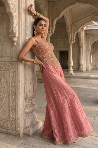 Kundan rivaaz pink corset top with sharara
