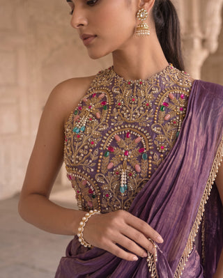 Draksh rani purple pre-draped sari with blouse