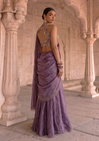 Draksh rani purple pre-draped sari with blouse