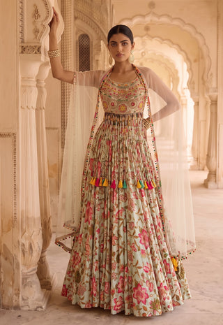 Phoolwari aqua chintz lehenga set