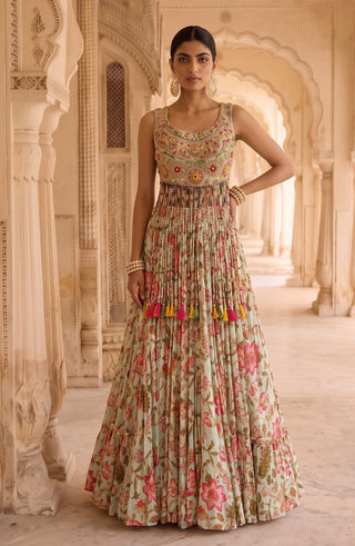 Phoolwari aqua chintz lehenga set