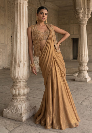 Kachanabari gold pre-draped sari with jacket and blouse