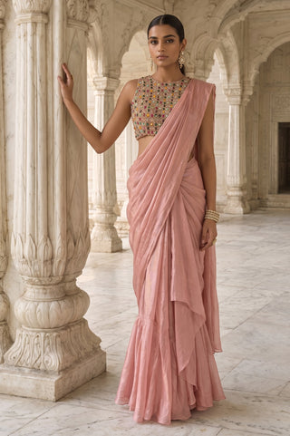 Mridula raga peach pre-draped sari with blouse