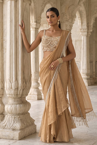 Muktavali gold pre-draped sari with blouse