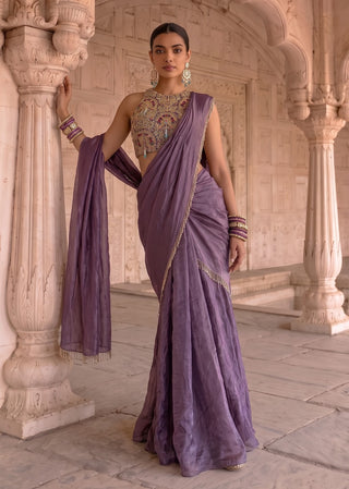 Draksh rani purple pre-draped sari with blouse