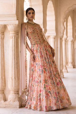 Bagh-e-bahar peach chintz lehenga set