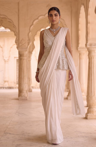 Raga darpan ivory pre-draped sari with peplum