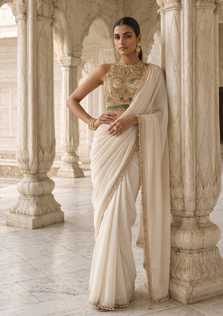 Heera bag ivory pre-draped sari with blouse