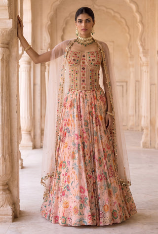 Bagh-e-bahar peach chintz lehenga set