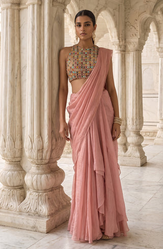 Mridula raga peach pre-draped sari with blouse