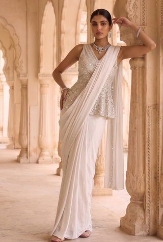 Raga darpan ivory pre-draped sari with peplum