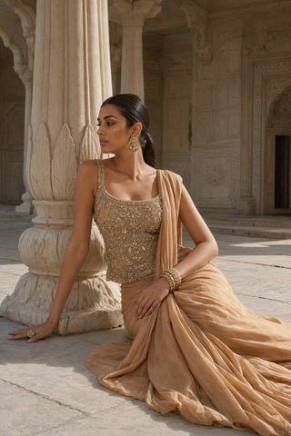 Peetambari gold pre-stitched sari with corset