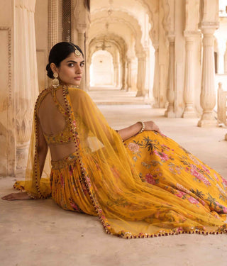 Genda bag yellow chintz lehenga set