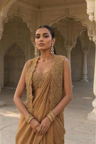 Kachanabari gold pre-draped sari with jacket and blouse