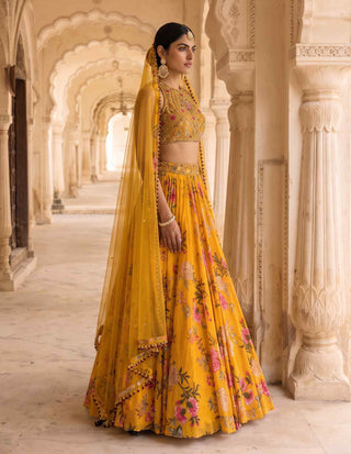 Genda bag yellow chintz lehenga set