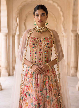 Bagh-e-bahar peach chintz lehenga set