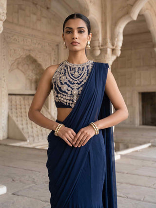 Neel dipti blue pre-draped sari with blouse