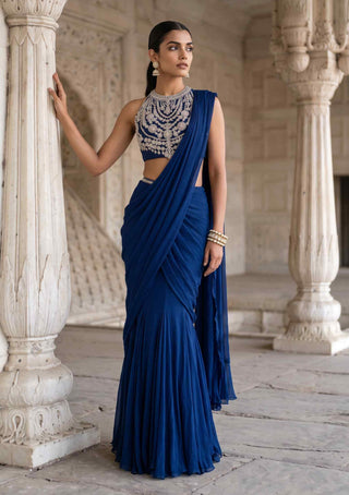 Neel dipti blue pre-draped sari with blouse