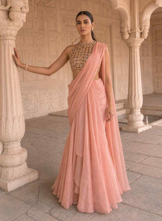 Mridula raga peach pre-draped sari with blouse
